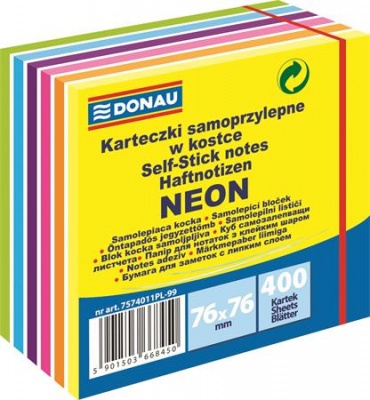 Samolepiaci bloček, 76x76mm, 400 listov, DONAU, biele a neónové farby