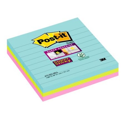 Samolepiaci poznámkový blok, linajkový, 3x70 listov, 101x101 mm, 3M POSTIT "Super Sticky Miami", rôzne farby