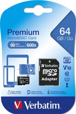 Pamäťová karta, microSDXC, 64GB, CL10/U1, 90/10 MB/s, s adaptérom, VERBATIM "Premium"