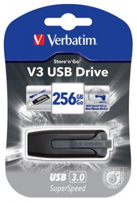 USB kľúč, 256GB, USB 3.2, 80/25 MB/sec, VERBATIM "V3", čierno-sivá